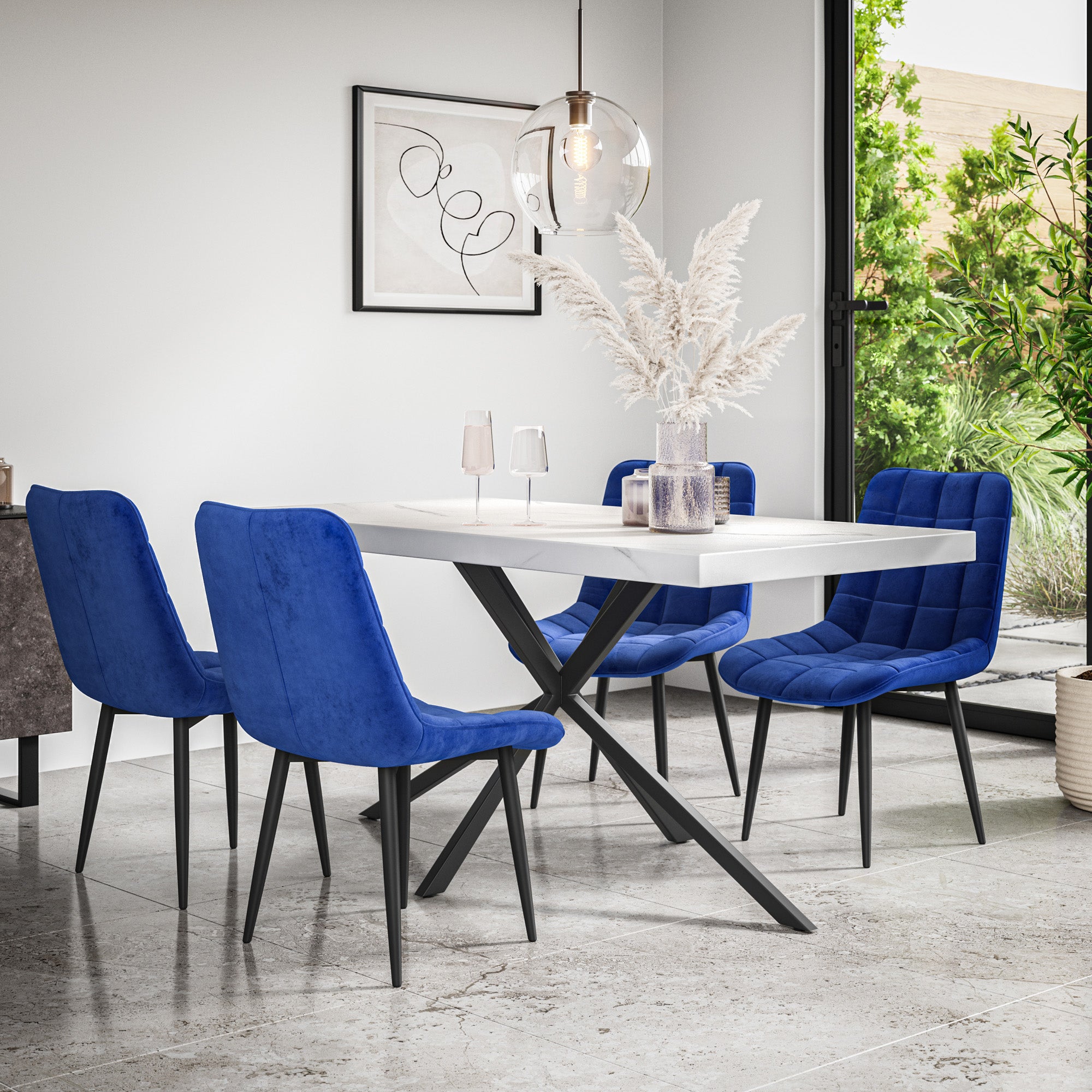 Donni Dining Table And Chairs -  White Marble Effect Table Top w Black Legs + Nova Dining Chair Set of 4/6