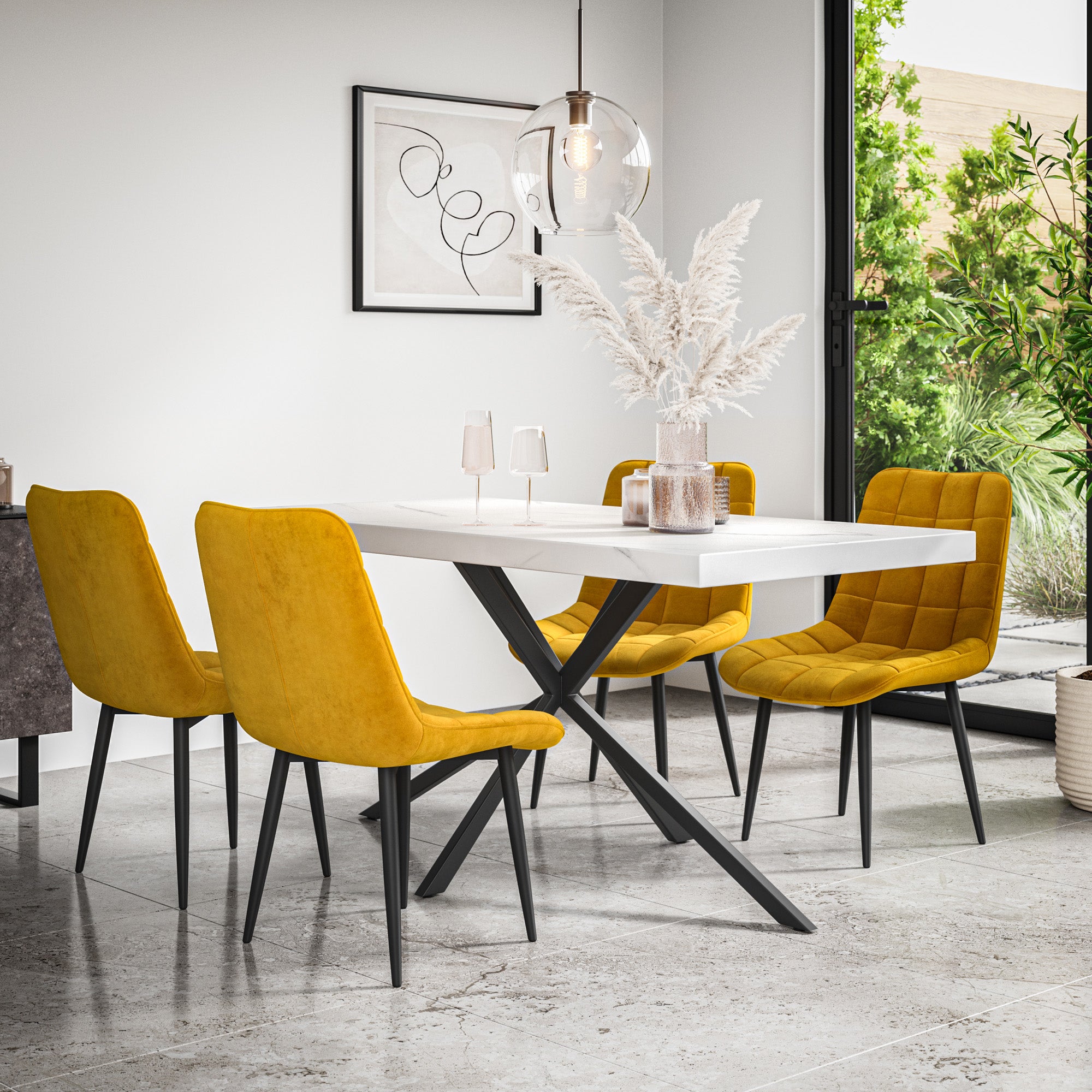 Donni Dining Table And Chairs -  White Marble Effect Table Top w Black Legs + Nova Dining Chair Set of 4/6