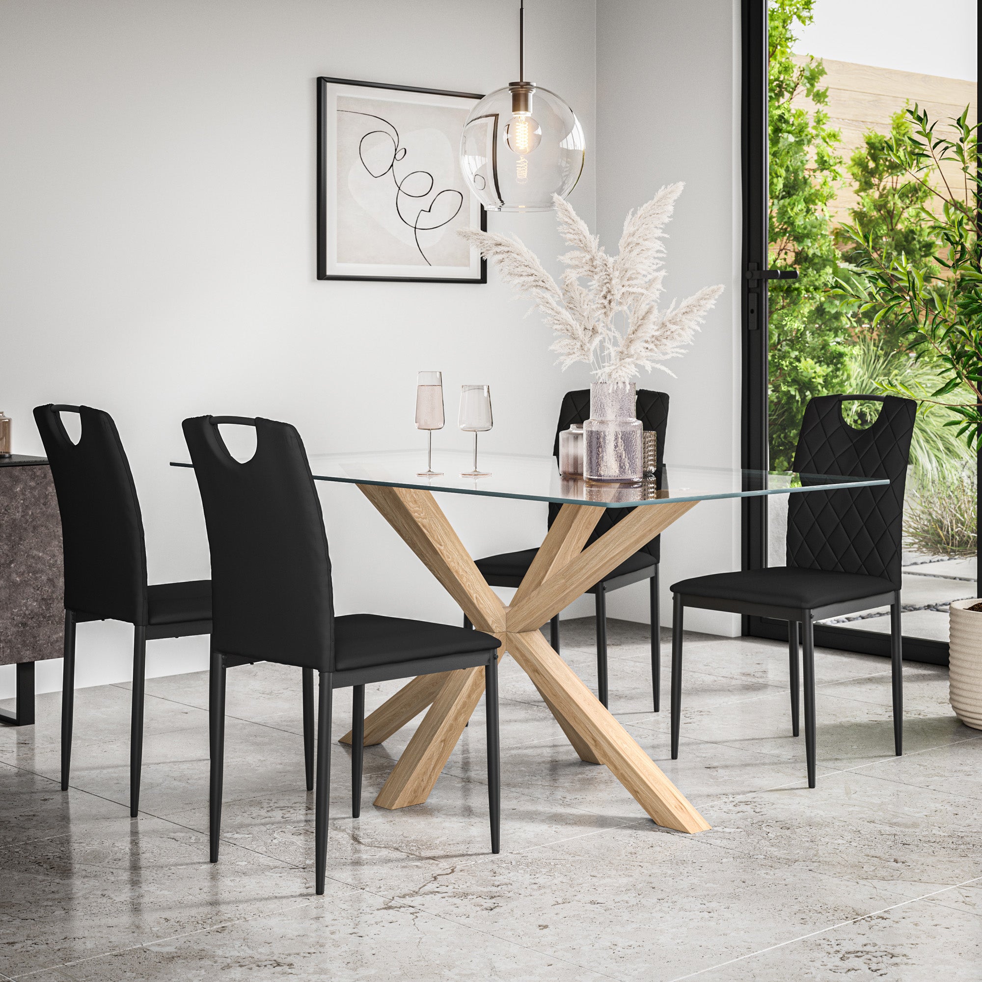 Etta Glass Dining Table And Chairs - Glass Top w Solid Oak Legs + Monza Dining Chair Set of 4/6
