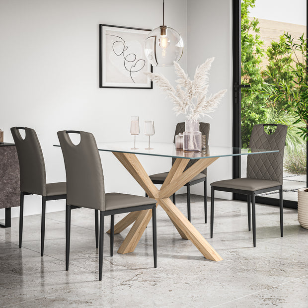 Etta Glass Dining Table And Chairs - Glass Top w Solid Oak Legs + Monza Dining Chair Set of 4/6