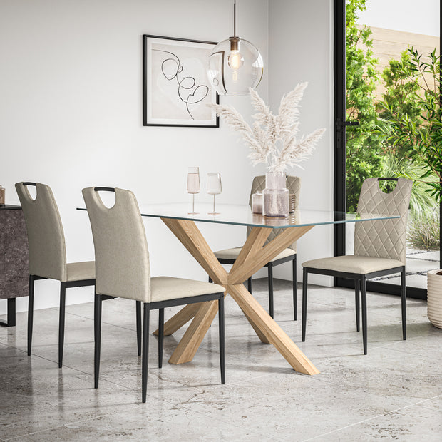Etta Glass Dining Table And Chairs - Glass Top w Solid Oak Legs + Monza Dining Chair Set of 4/6