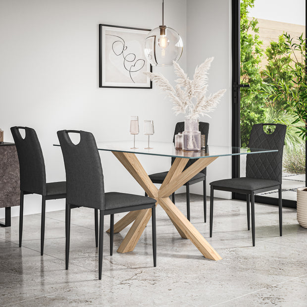 Etta Glass Dining Table And Chairs - Glass Top w Solid Oak Legs + Monza Dining Chair Set of 4/6