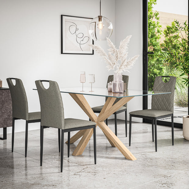 Etta Glass Dining Table And Chairs - Glass Top w Solid Oak Legs + Monza Dining Chair Set of 4/6