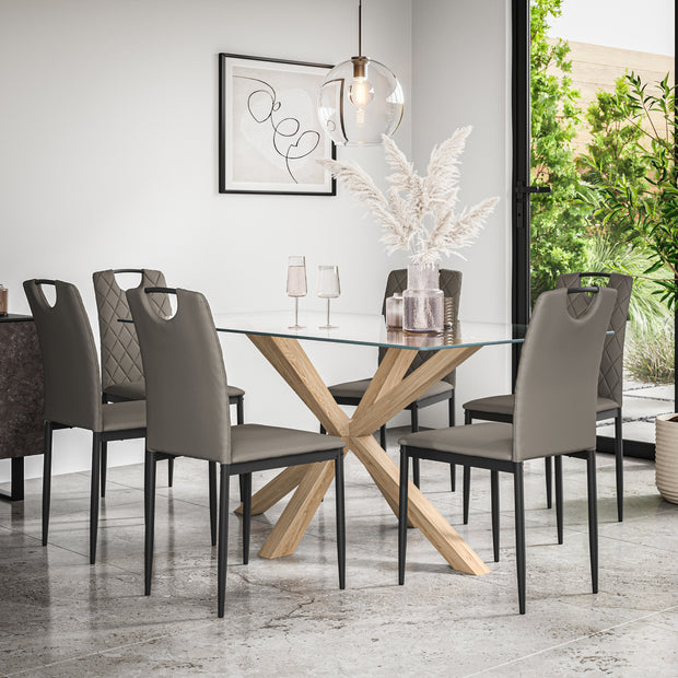 Etta Glass Dining Table And Chairs - Glass Top w Solid Oak Legs + Monza Dining Chair Set of 4/6