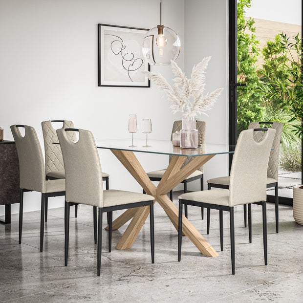 Etta Glass Dining Table And Chairs - Glass Top w Solid Oak Legs + Monza Dining Chair Set of 4/6
