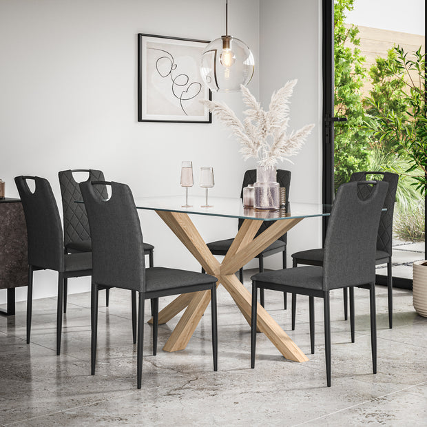 Etta Glass Dining Table And Chairs - Glass Top w Solid Oak Legs + Monza Dining Chair Set of 4/6
