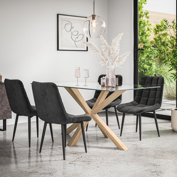 Etta Glass Dining Table And Chairs - Glass Top w Solid Oak Legs + Nova Dining Chair Set of 4/6