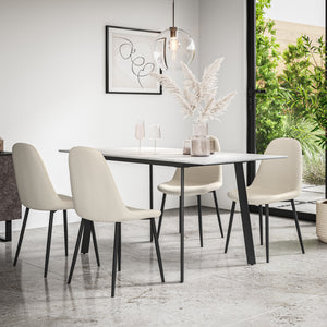 Haydon Extending Dining Table + Chairs- White Marble Effect Table Top w Black Legs + Maya Boucle Dining Chair Set of 4/6