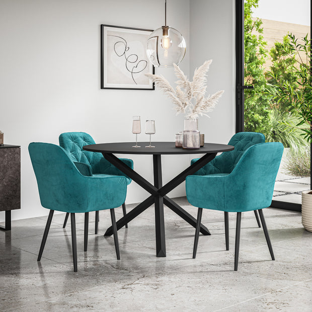 Malvern Round Dining Table And Chairs -  Black Table Top w Solid Oak Black Legs + Anika Dining Chair Set of 4