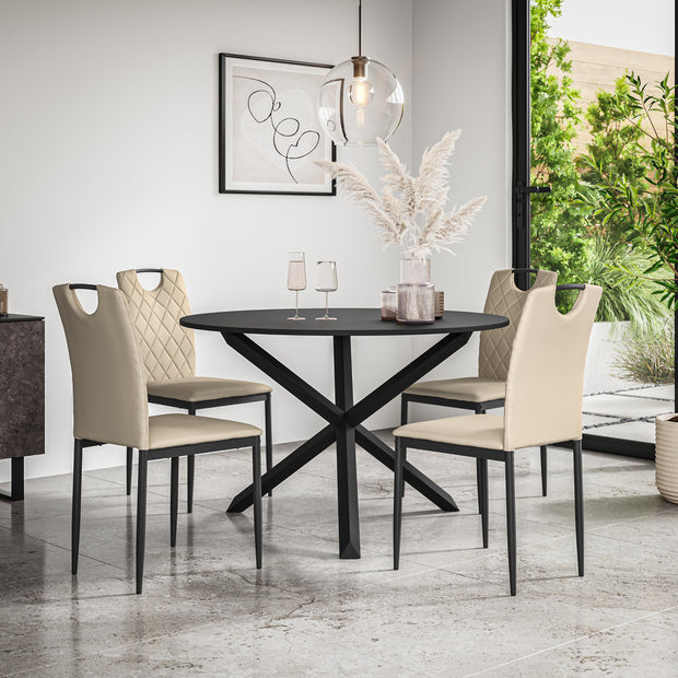 Malvern Round Dining Table And Chairs -  Black Table Top w Solid Oak Black Legs + Monza Dining Chair Set of 4/6