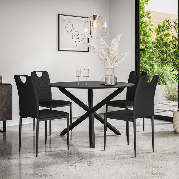 Malvern Round Dining Table And Chairs -  Black Table Top w Solid Oak Black Legs + Monza Dining Chair Set of 4/6