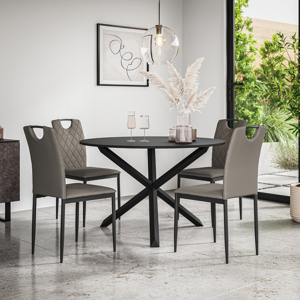 Malvern Round Dining Table And Chairs -  Black Table Top w Solid Oak Black Legs + Monza Dining Chair Set of 4/6