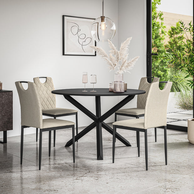 Malvern Round Dining Table And Chairs -  Black Table Top w Solid Oak Black Legs + Monza Dining Chair Set of 4/6