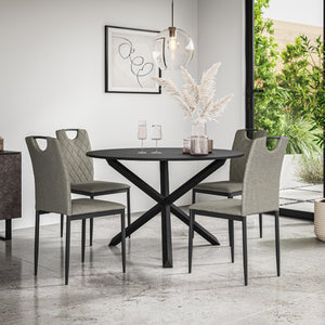 Malvern Round Dining Table And Chairs -  Black Table Top w Solid Oak Black Legs + Monza Dining Chair Set of 4/6