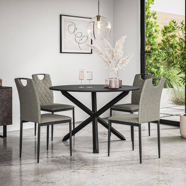 Malvern Round Dining Table And Chairs -  Black Table Top w Solid Oak Black Legs + Monza Dining Chair Set of 4/6