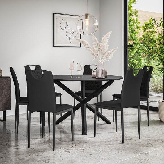 Malvern Round Dining Table And Chairs -  Black Table Top w Solid Oak Black Legs + Monza Dining Chair Set of 4/6