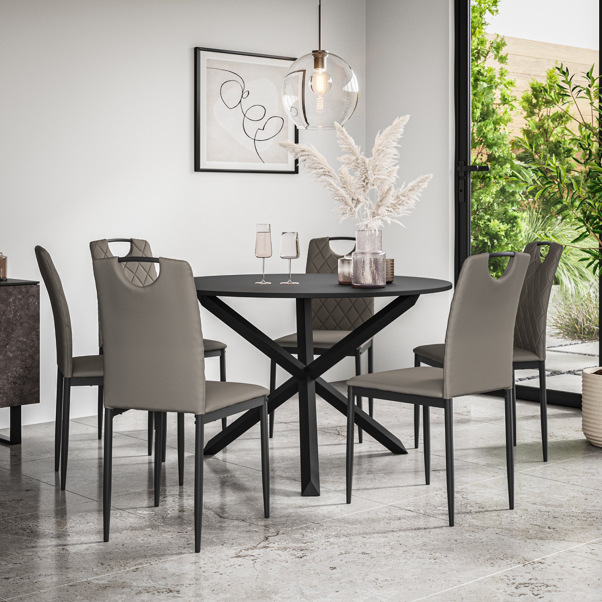 Malvern Round Dining Table And Chairs -  Black Table Top w Solid Oak Black Legs + Monza Dining Chair Set of 4/6