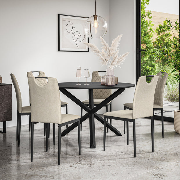 Malvern Round Dining Table And Chairs -  Black Table Top w Solid Oak Black Legs + Monza Dining Chair Set of 4/6