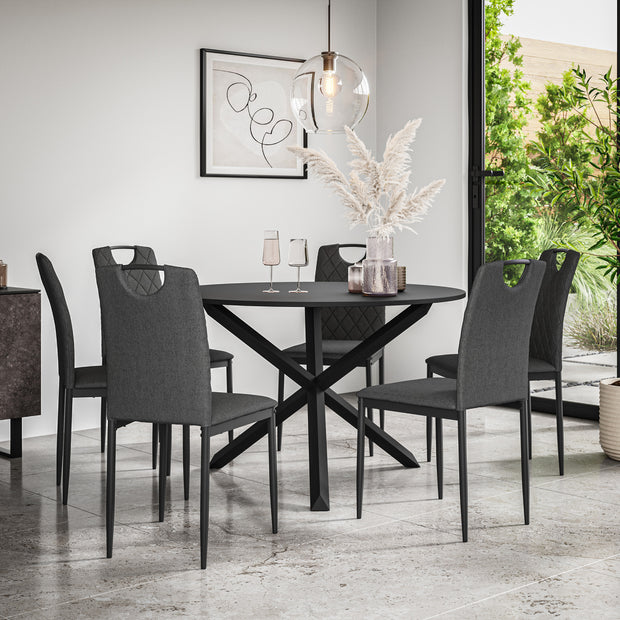 Malvern Round Dining Table And Chairs -  Black Table Top w Solid Oak Black Legs + Monza Dining Chair Set of 4/6