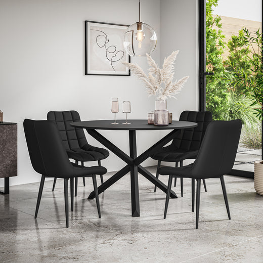 Malvern Round Dining Table And Chairs -  Black Table Top w Solid Oak Black Legs + Nova Dining Chair Set of 4/6