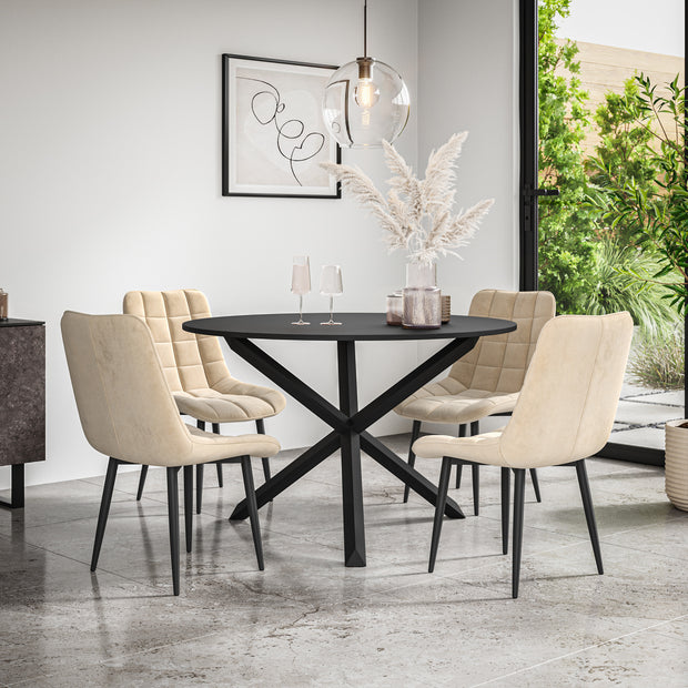 Malvern Round Dining Table And Chairs -  Black Table Top w Solid Oak Black Legs + Nova Dining Chair Set of 4/6