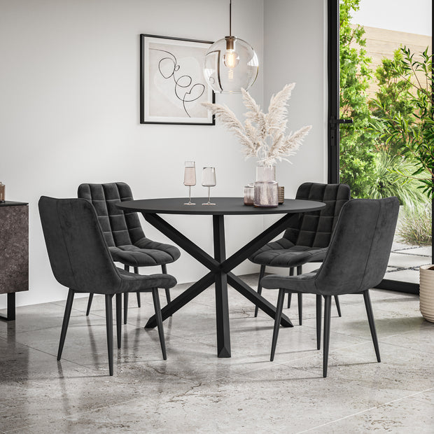 Malvern Round Dining Table And Chairs -  Black Table Top w Solid Oak Black Legs + Nova Dining Chair Set of 4/6