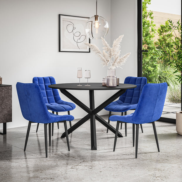 Malvern Round Dining Table And Chairs -  Black Table Top w Solid Oak Black Legs + Nova Dining Chair Set of 4/6