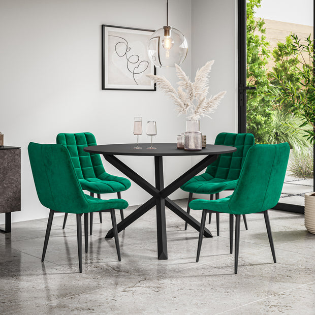 Malvern Round Dining Table And Chairs -  Black Table Top w Solid Oak Black Legs + Nova Dining Chair Set of 4/6