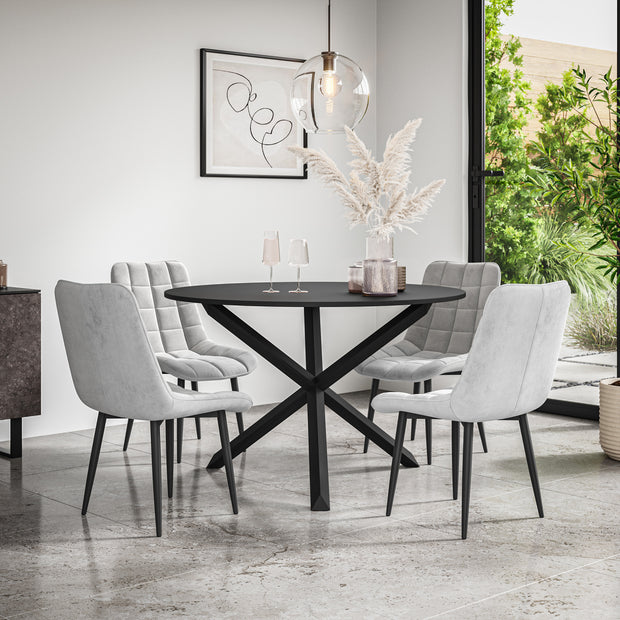 Malvern Round Dining Table And Chairs -  Black Table Top w Solid Oak Black Legs + Nova Dining Chair Set of 4/6