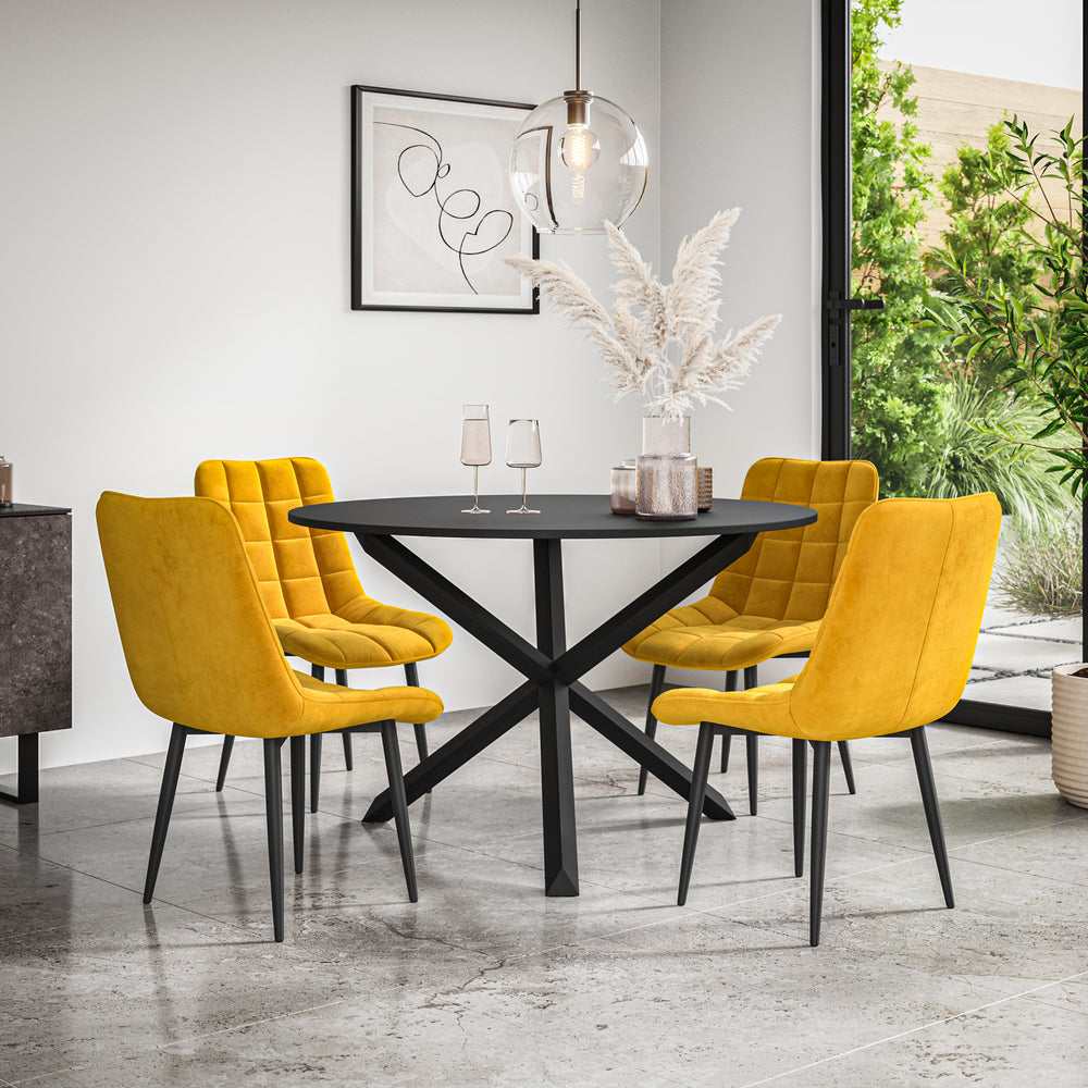 Malvern Round Dining Table And Chairs -  Black Table Top w Solid Oak Black Legs + Nova Dining Chair Set of 4/6