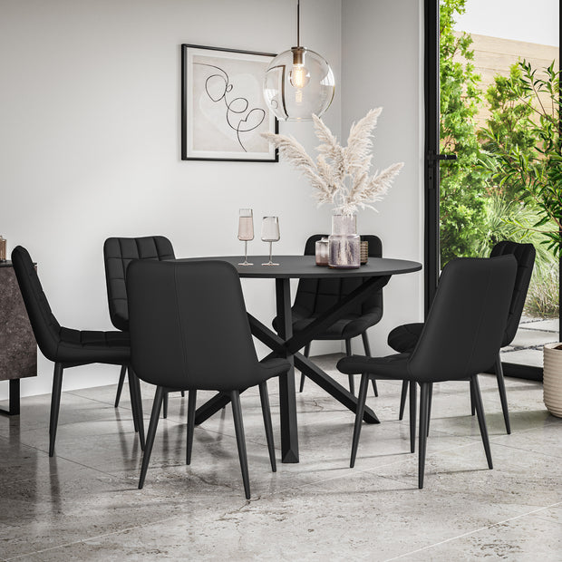Malvern Round Dining Table And Chairs -  Black Table Top w Solid Oak Black Legs + Nova Dining Chair Set of 4/6