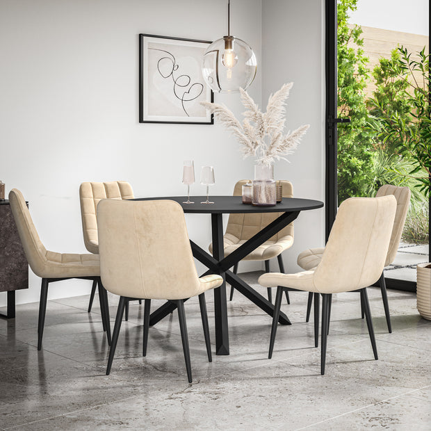 Malvern Round Dining Table And Chairs -  Black Table Top w Solid Oak Black Legs + Nova Dining Chair Set of 4/6