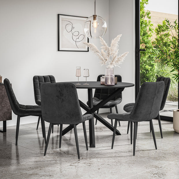 Malvern Round Dining Table And Chairs -  Black Table Top w Solid Oak Black Legs + Nova Dining Chair Set of 4/6