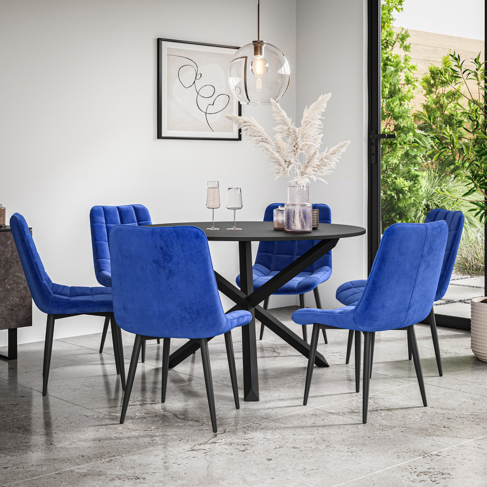 Malvern Round Dining Table And Chairs -  Black Table Top w Solid Oak Black Legs + Nova Dining Chair Set of 4/6