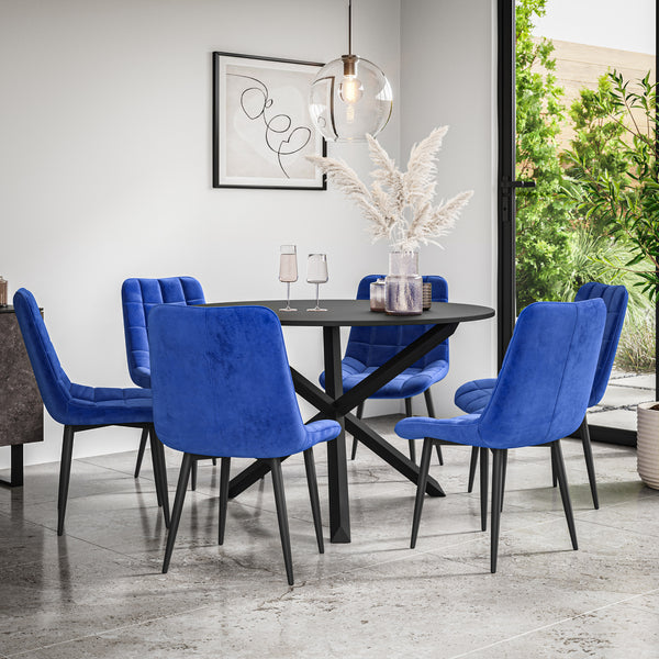 Malvern Round Dining Table And Chairs -  Black Table Top w Solid Oak Black Legs + Nova Dining Chair Set of 4/6
