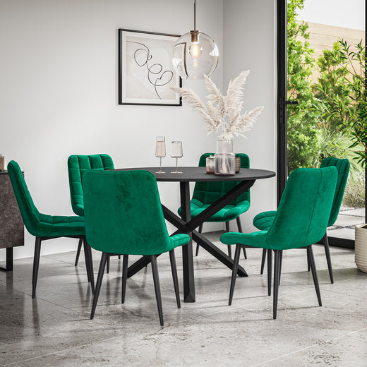 Malvern Round Dining Table And Chairs -  Black Table Top w Solid Oak Black Legs + Nova Dining Chair Set of 4/6