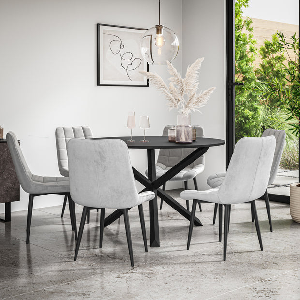 Malvern Round Dining Table And Chairs -  Black Table Top w Solid Oak Black Legs + Nova Dining Chair Set of 4/6