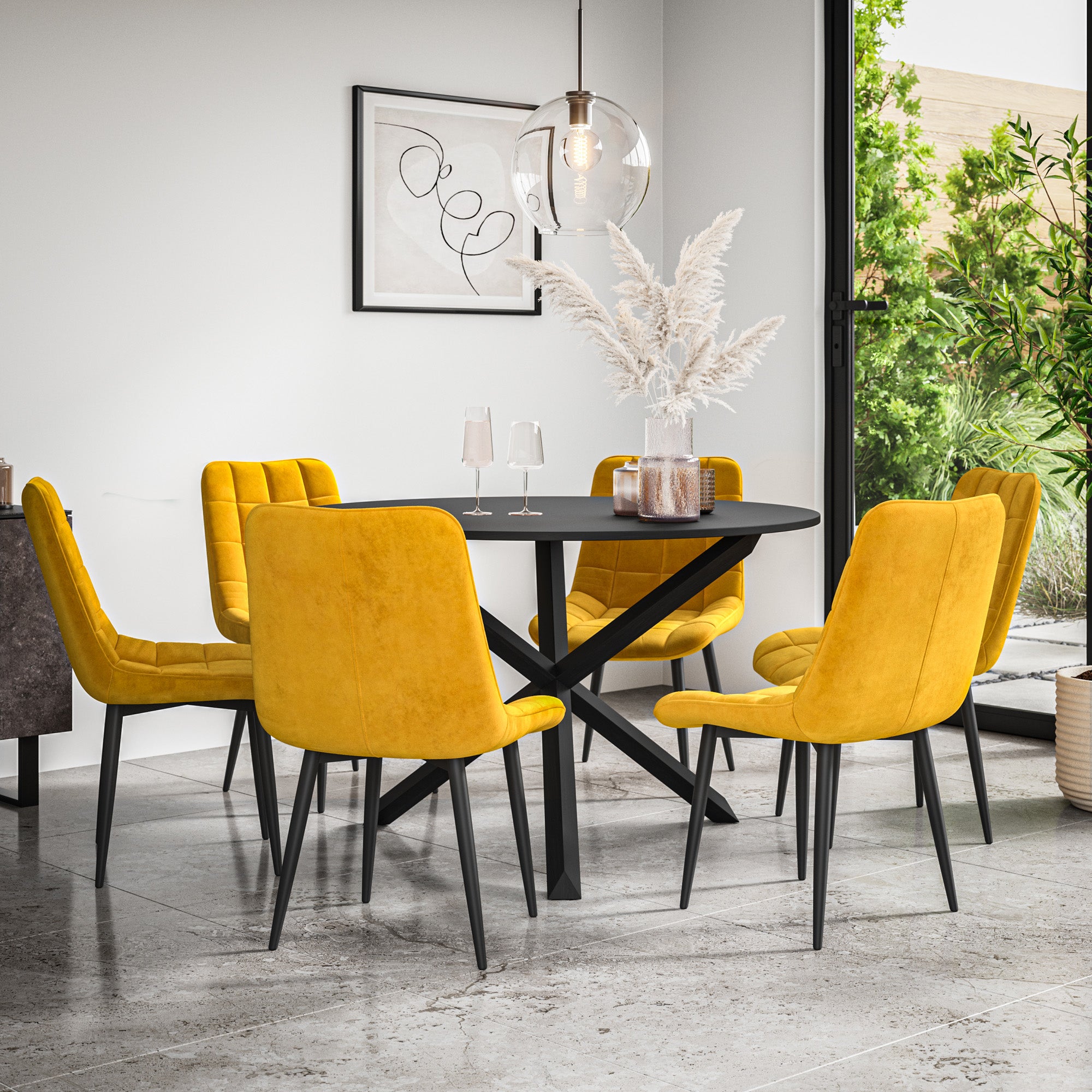 Malvern Round Dining Table And Chairs -  Black Table Top w Solid Oak Black Legs + Nova Dining Chair Set of 4/6