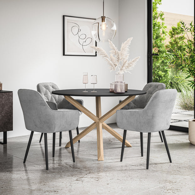 Malvern Round Dining Table And Chairs -  Black Table Top w Solid Oak Legs + Anika Dining Chair Set of 4