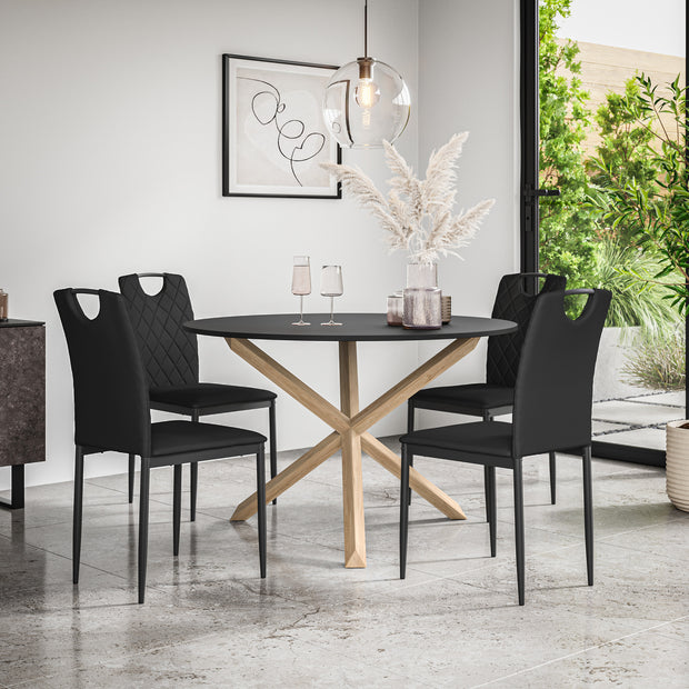Malvern Round Dining Table And Chairs -  Black Table Top w Solid Oak Legs + Monza Dining Chair Set of 4/6
