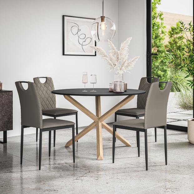 Malvern Round Dining Table And Chairs -  Black Table Top w Solid Oak Legs + Monza Dining Chair Set of 4/6