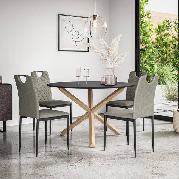 Malvern Round Dining Table And Chairs -  Black Table Top w Solid Oak Legs + Monza Dining Chair Set of 4/6