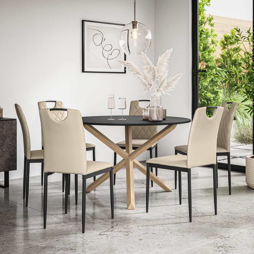Malvern Round Dining Table And Chairs -  Black Table Top w Solid Oak Legs + Monza Dining Chair Set of 4/6