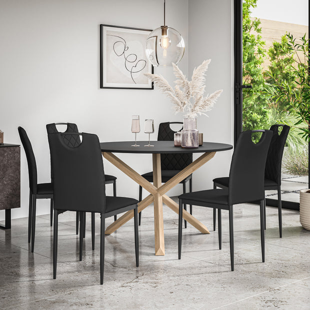 Malvern Round Dining Table And Chairs -  Black Table Top w Solid Oak Legs + Monza Dining Chair Set of 4/6