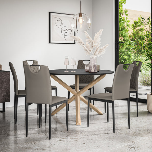 Malvern Round Dining Table And Chairs -  Black Table Top w Solid Oak Legs + Monza Dining Chair Set of 4/6