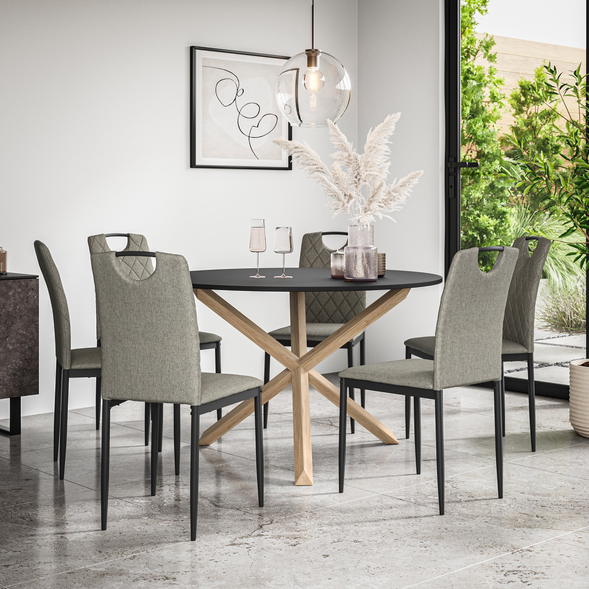 Malvern Round Dining Table And Chairs -  Black Table Top w Solid Oak Legs + Monza Dining Chair Set of 4/6