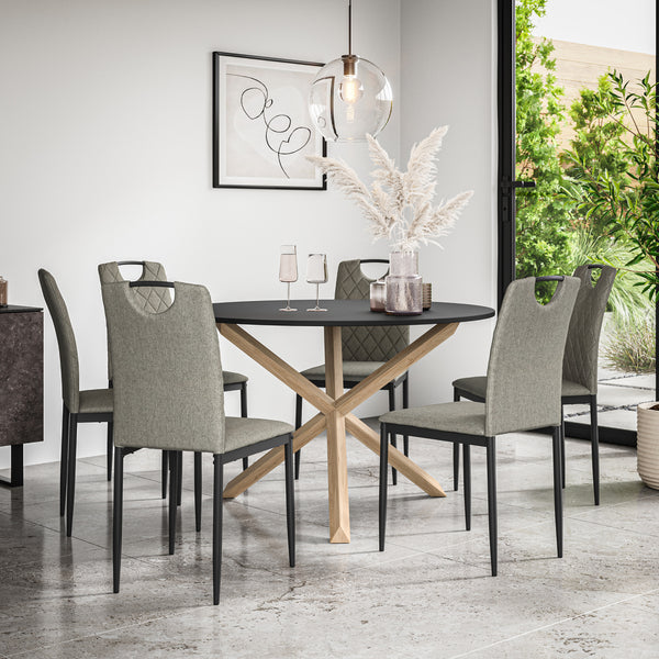 Malvern Round Dining Table And Chairs -  Black Table Top w Solid Oak Legs + Monza Dining Chair Set of 4/6