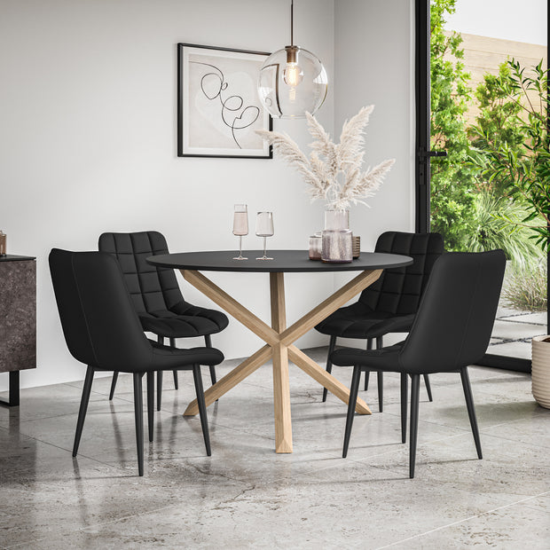 Malvern Round Dining Table And Chairs -  Black Table Top w Solid Oak Legs + Nova Dining Chair Set of 4/6