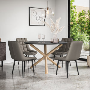 Malvern Round Dining Table And Chairs -  Black Table Top w Solid Oak Legs + Nova Dining Chair Set of 4/6
