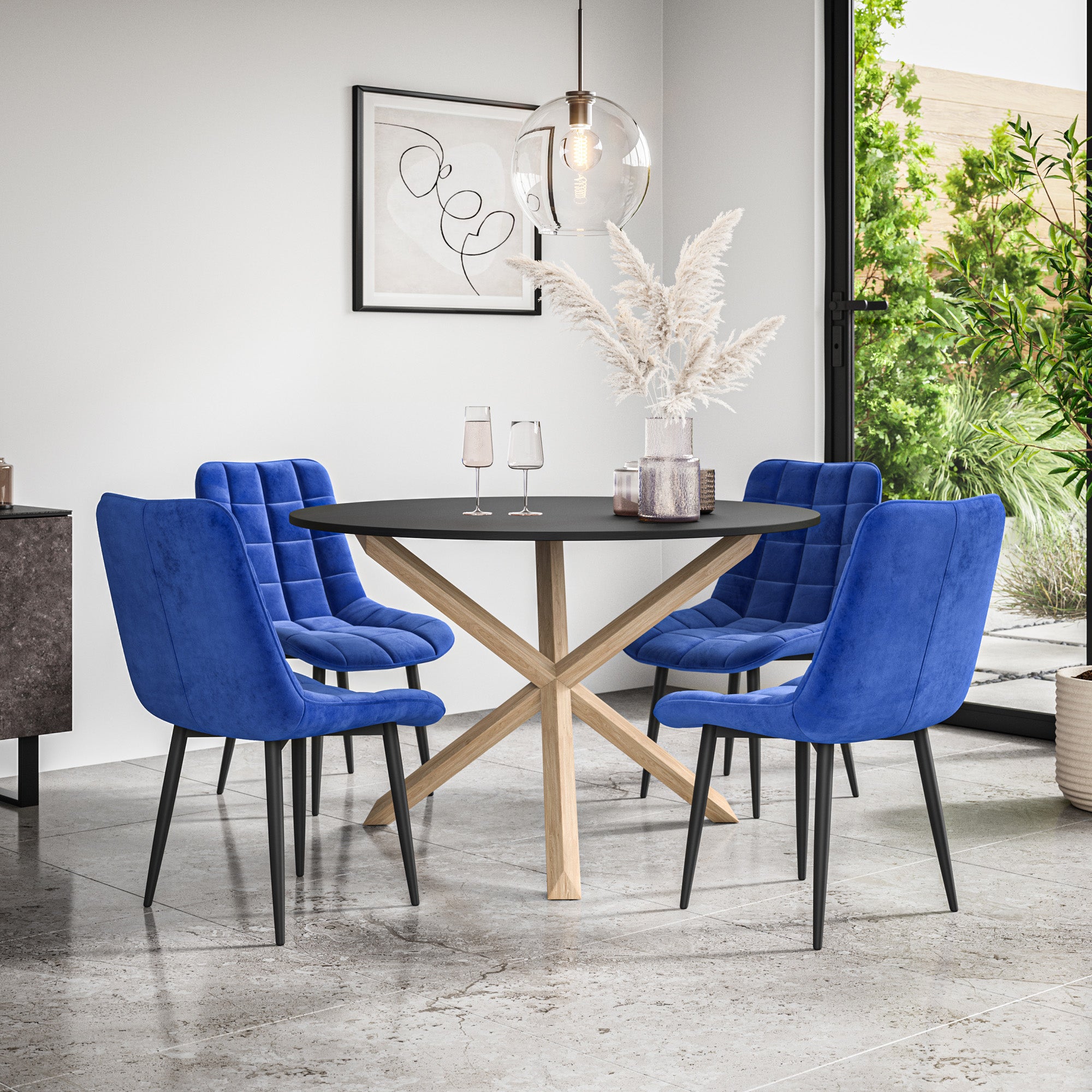 Malvern Round Dining Table And Chairs -  Black Table Top w Solid Oak Legs + Nova Dining Chair Set of 4/6